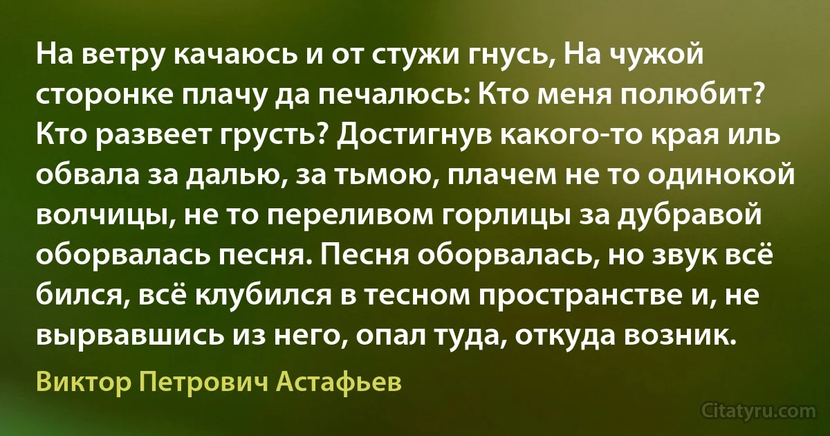 На ветру качаюсь и от стужи гнусь, На чужой сторонке плачу да печалюсь: Кто меня полюбит? Кто развеет грусть? Достигнув какого-то края иль обвала за далью, за тьмою, плачем не то одинокой волчицы, не то переливом горлицы за дубравой оборвалась песня. Песня оборвалась, но звук всё бился, всё клубился в тесном пространстве и, не вырвавшись из него, опал туда, откуда возник. (Виктор Петрович Астафьев)