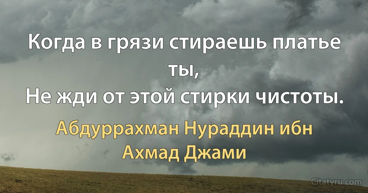 Когда в грязи стираешь платье ты,
Не жди от этой стирки чистоты. (Абдуррахман Нураддин ибн Ахмад Джами)