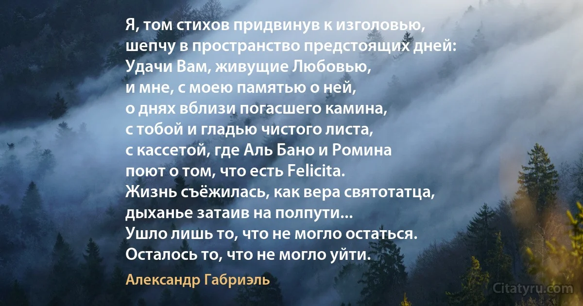 Я, том стихов придвинув к изголовью,
шепчу в пространство предстоящих дней:
Удачи Вам, живущие Любовью,
и мне, с моею памятью о ней,
о днях вблизи погасшего камина,
с тобой и гладью чистого листа,
с кассетой, где Аль Бано и Ромина
поют о том, что есть Felicita.
Жизнь съёжилась, как вера святотатца,
дыханье затаив на полпути...
Ушло лишь то, что не могло остаться.
Осталось то, что не могло уйти. (Александр Габриэль)