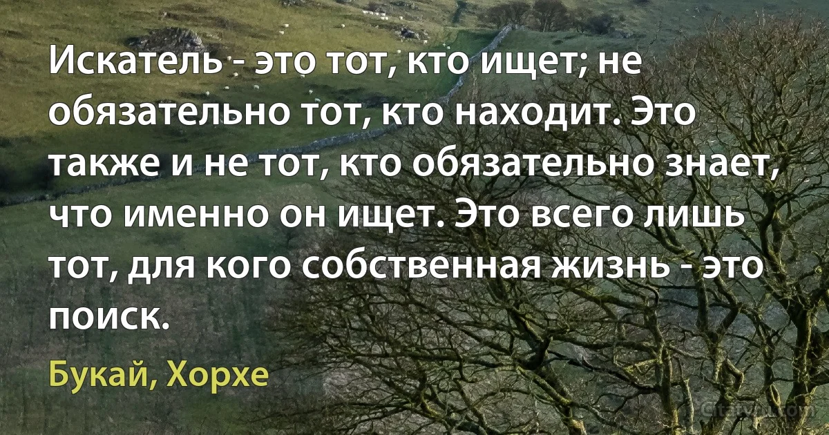 Искатель - это тот, кто ищет; не обязательно тот, кто находит. Это также и не тот, кто обязательно знает, что именно он ищет. Это всего лишь тот, для кого собственная жизнь - это поиск. (Букай, Хорхе)