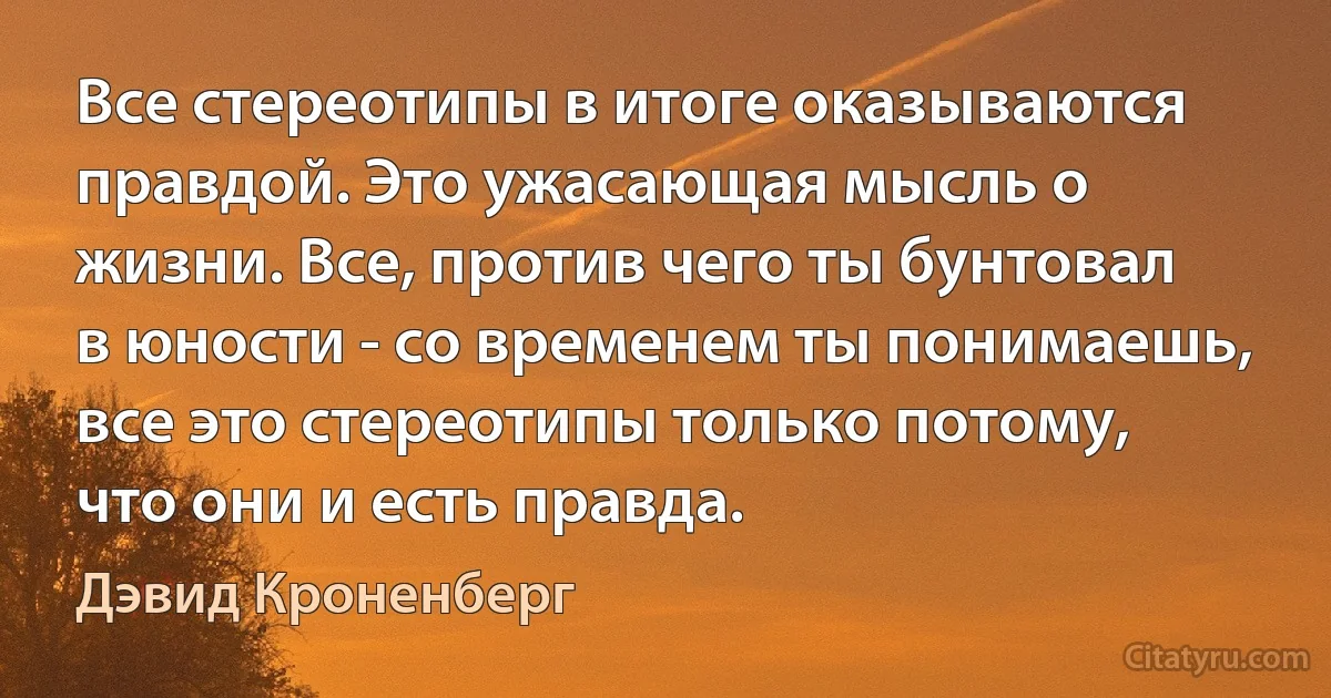 Все стереотипы в итоге оказываются правдой. Это ужасающая мысль о жизни. Все, против чего ты бунтовал в юности - со временем ты понимаешь, все это стереотипы только потому, что они и есть правда. (Дэвид Кроненберг)