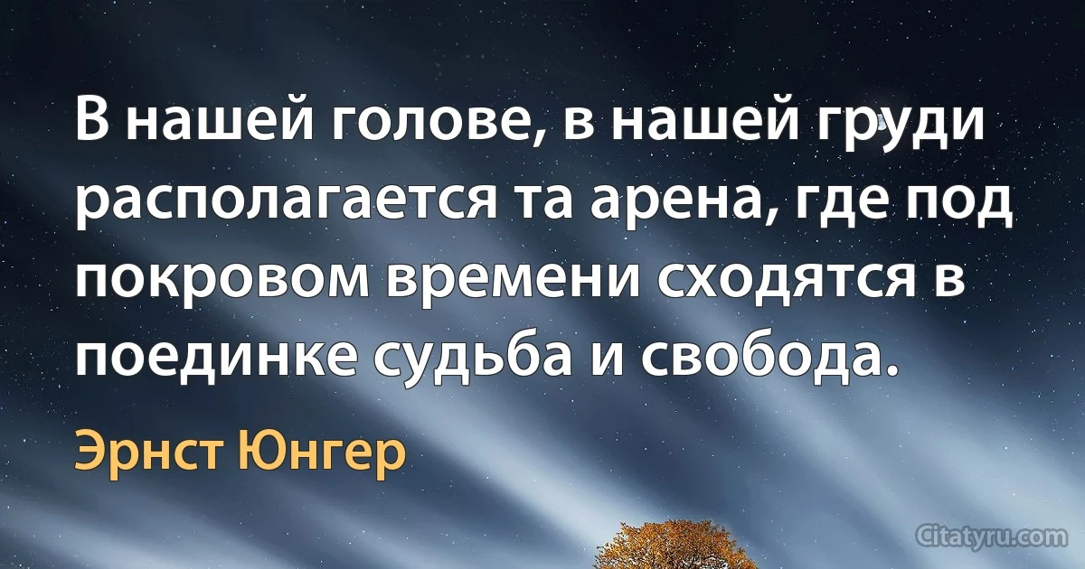 В нашей голове, в нашей груди располагается та арена, где под покровом времени сходятся в поединке судьба и свобода. (Эрнст Юнгер)