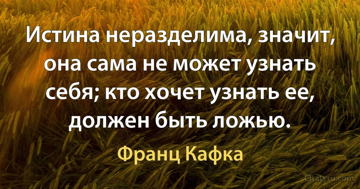 Истина неразделима, значит, она сама не может узнать себя; кто хочет узнать ее, должен быть ложью. (Франц Кафка)