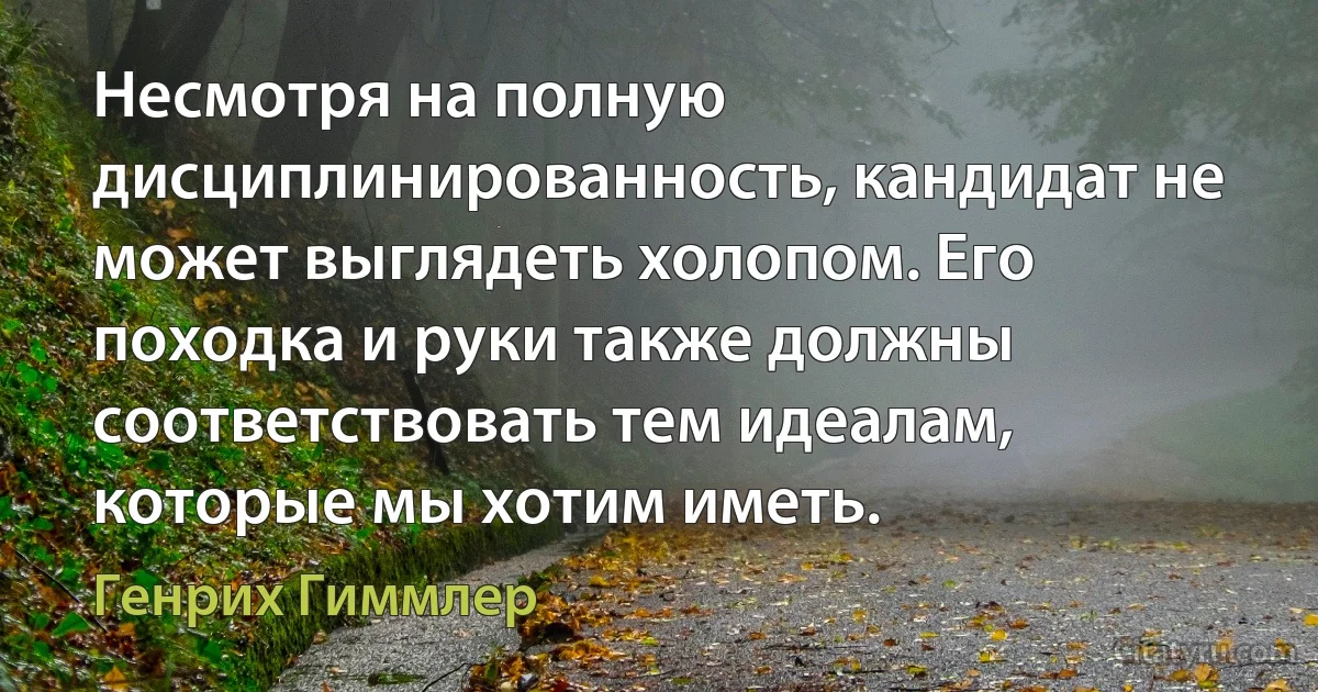 Несмотря на полную дисциплинированность, кандидат не может выглядеть холопом. Его походка и руки также должны соответствовать тем идеалам, которые мы хотим иметь. (Генрих Гиммлер)