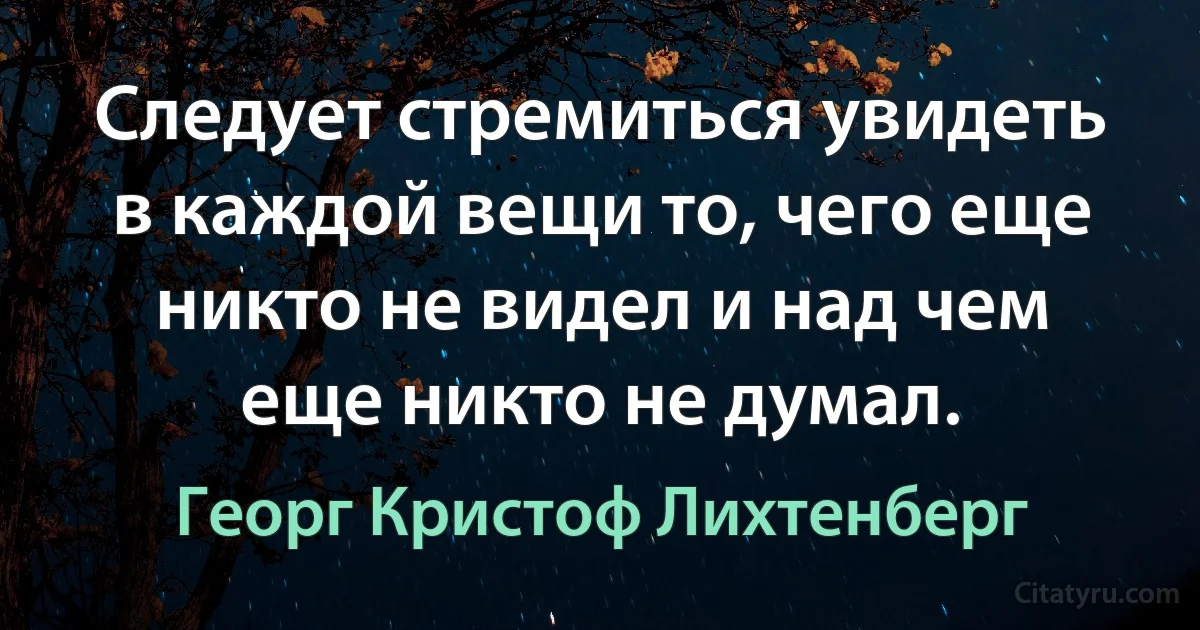 Следует стремиться увидеть в каждой вещи то, чего еще никто не видел и над чем еще никто не думал. (Георг Кристоф Лихтенберг)