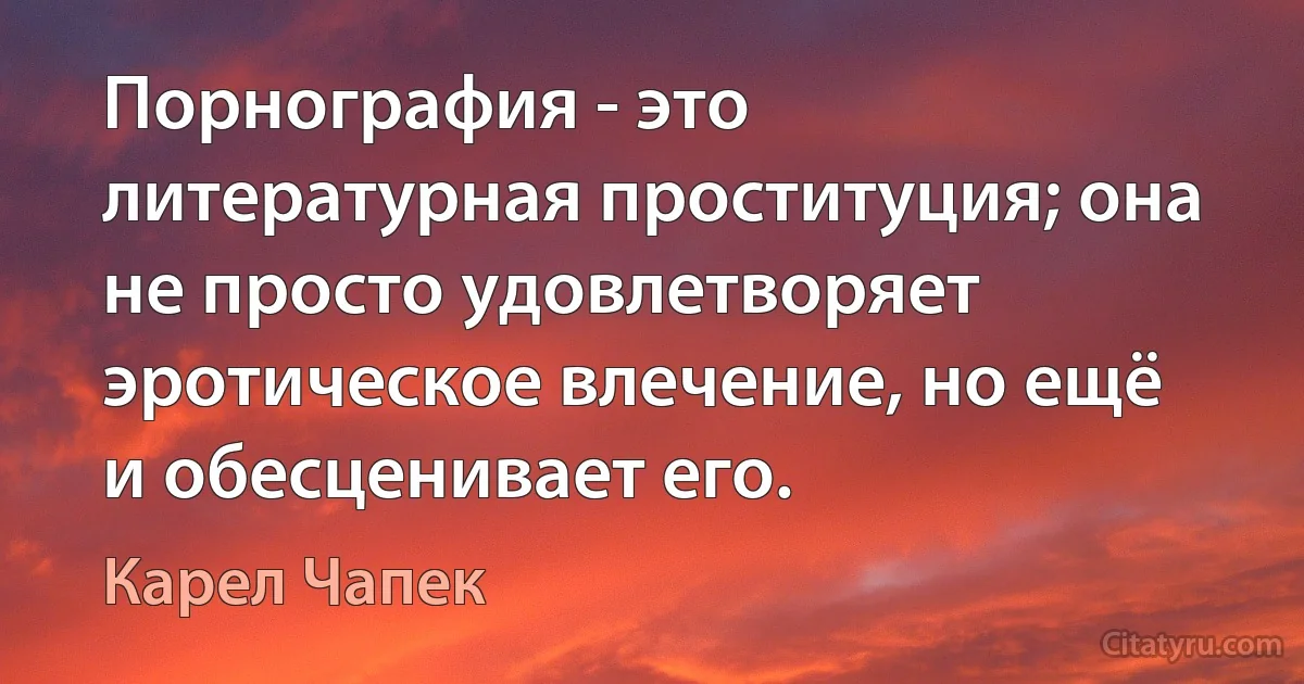 Порнография - это литературная проституция; она не просто удовлетворяет эротическое влечение, но ещё и обесценивает его. (Карел Чапек)