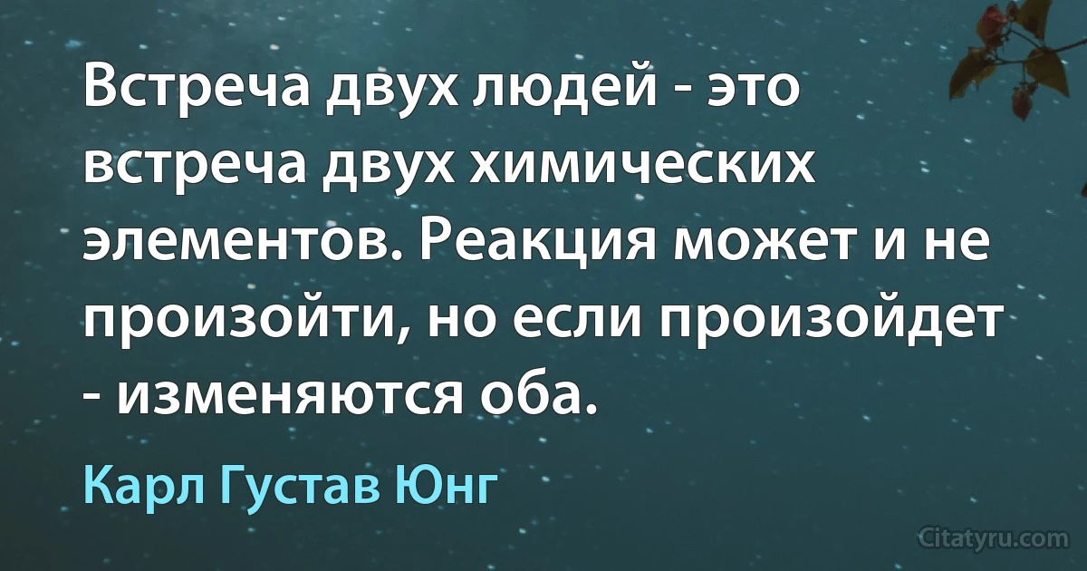 Встреча двух людей - это встреча двух химических элементов. Реакция может и не произойти, но если произойдет - изменяются оба. (Карл Густав Юнг)