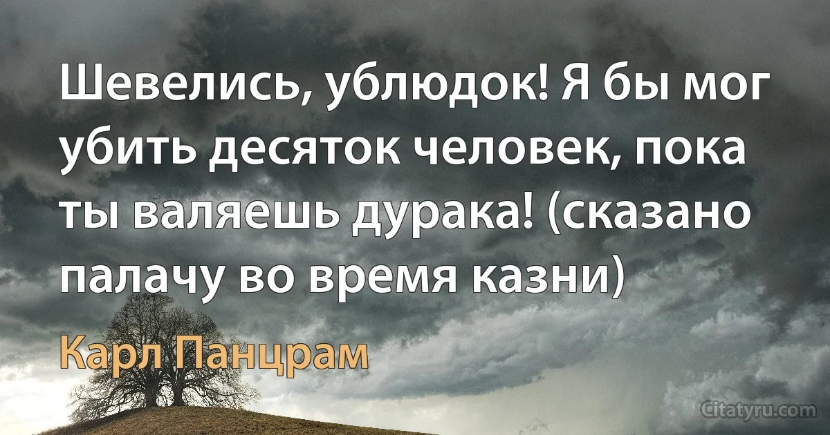 Шевелись, ублюдок! Я бы мог убить десяток человек, пока ты валяешь дурака! (сказано палачу во время казни) (Карл Панцрам)