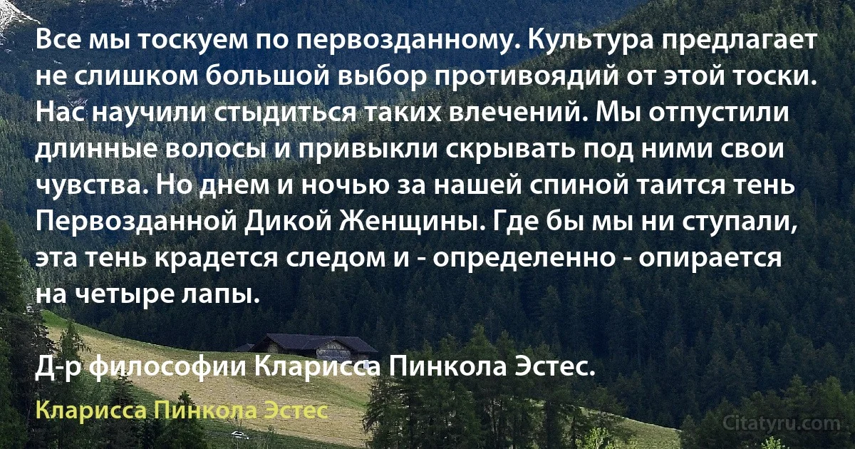 Все мы тоскуем по первозданному. Культура предлагает не слишком большой выбор противоядий от этой тоски. Нас научили стыдиться таких влечений. Мы отпустили длинные волосы и привыкли скрывать под ними свои чувства. Но днем и ночью за нашей спиной таится тень Первозданной Дикой Женщины. Где бы мы ни ступали, эта тень крадется следом и - определенно - опирается на четыре лапы.

Д-р философии Кларисса Пинкола Эстес. (Кларисса Пинкола Эстес)