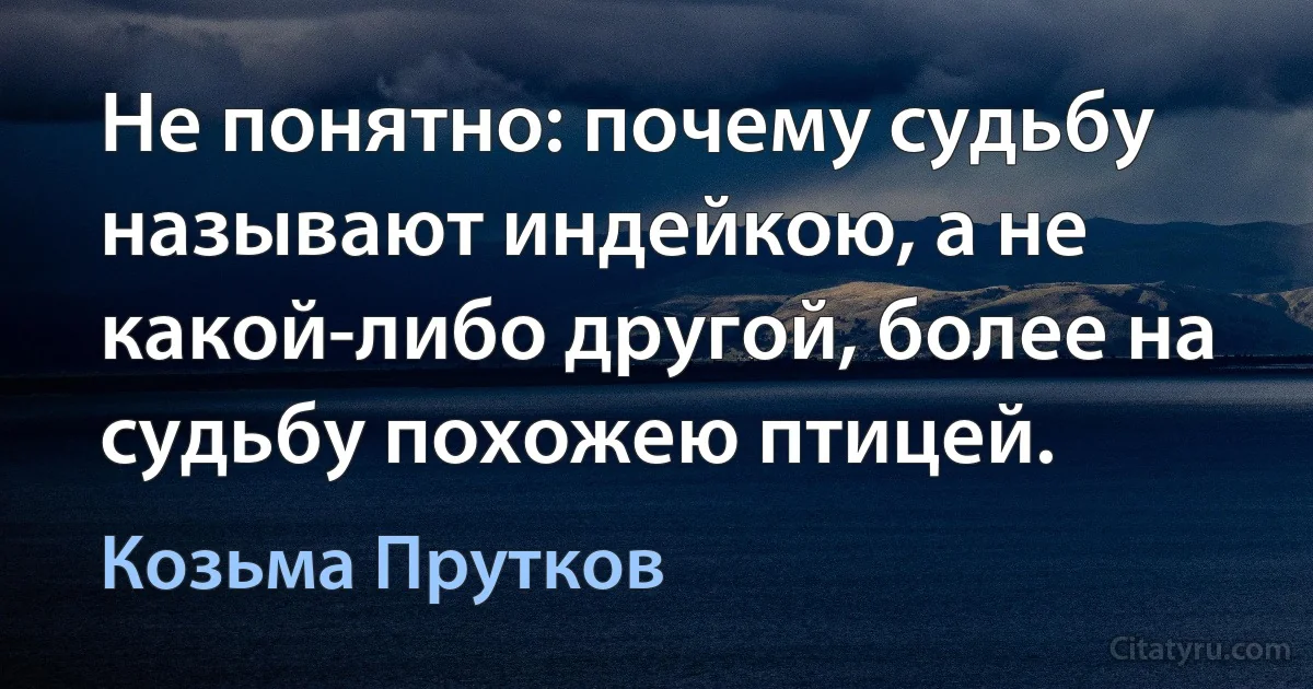 Не понятно: почему судьбу называют индейкою, а не какой-либо другой, более на судьбу похожею птицей. (Козьма Прутков)