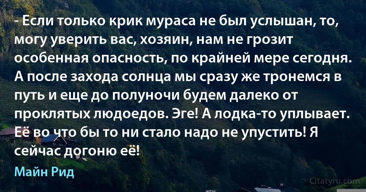 - Если только крик мураса не был услышан, то, могу уверить вас, хозяин, нам не грозит особенная опасность, по крайней мере сегодня. А после захода солнца мы сразу же тронемся в путь и еще до полуночи будем далеко от проклятых людоедов. Эге! А лодка-то уплывает. Её во что бы то ни стало надо не упустить! Я сейчас догоню её! (Майн Рид)