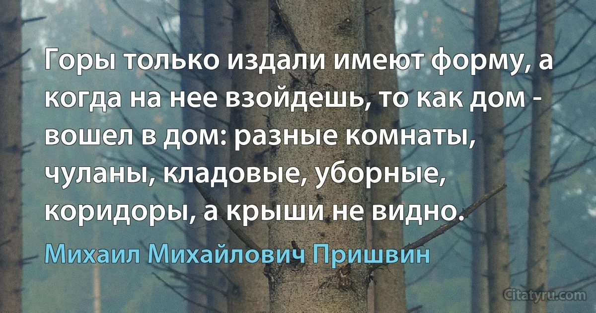 Горы только издали имеют форму, а когда на нее взойдешь, то как дом - вошел в дом: разные комнаты, чуланы, кладовые, уборные, коридоры, а крыши не видно. (Михаил Михайлович Пришвин)