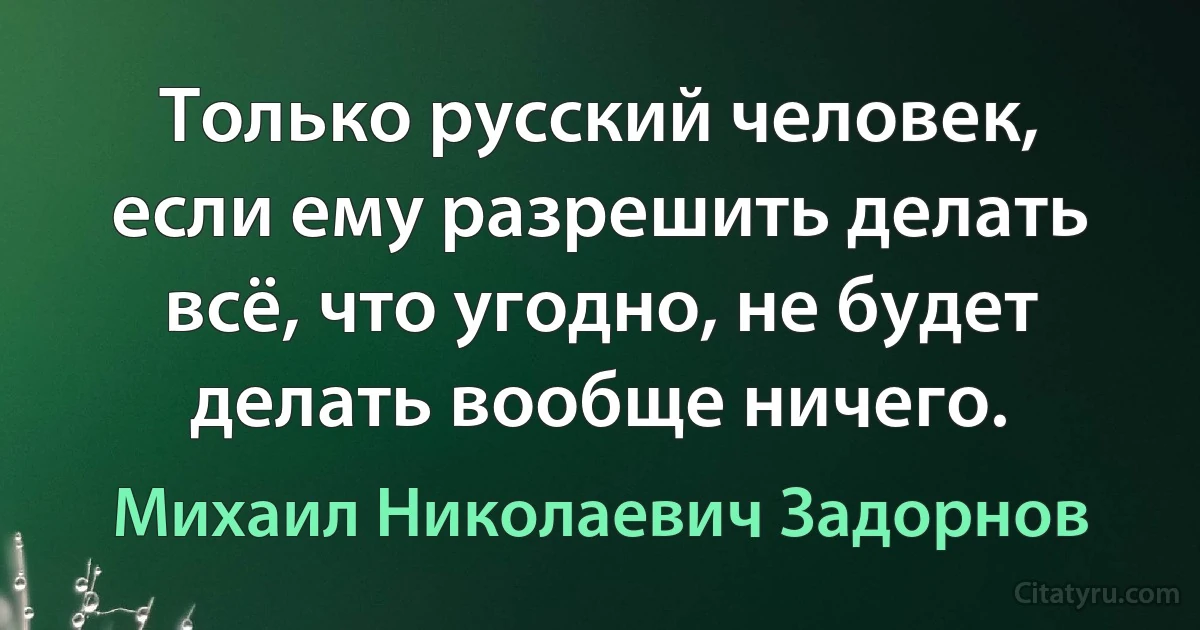 Только русский человек, если ему разрешить делать всё, что угодно, не будет делать вообще ничего. (Михаил Николаевич Задорнов)