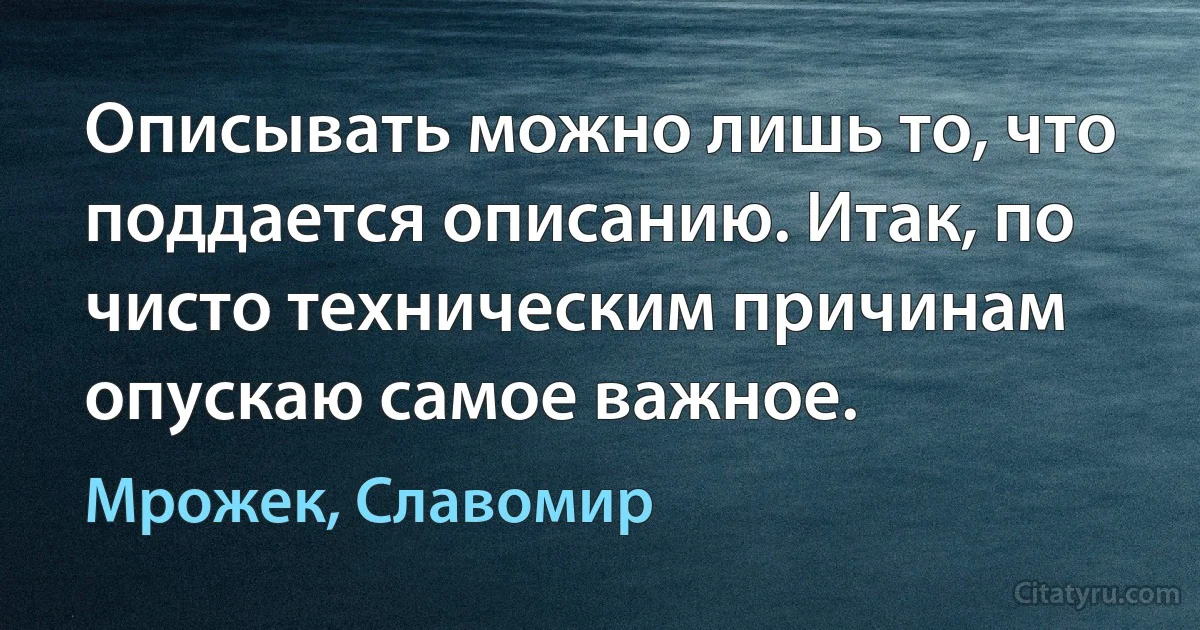 Описывать можно лишь то, что поддается описанию. Итак, по чисто техническим причинам опускаю самое важное. (Мрожек, Славомир)