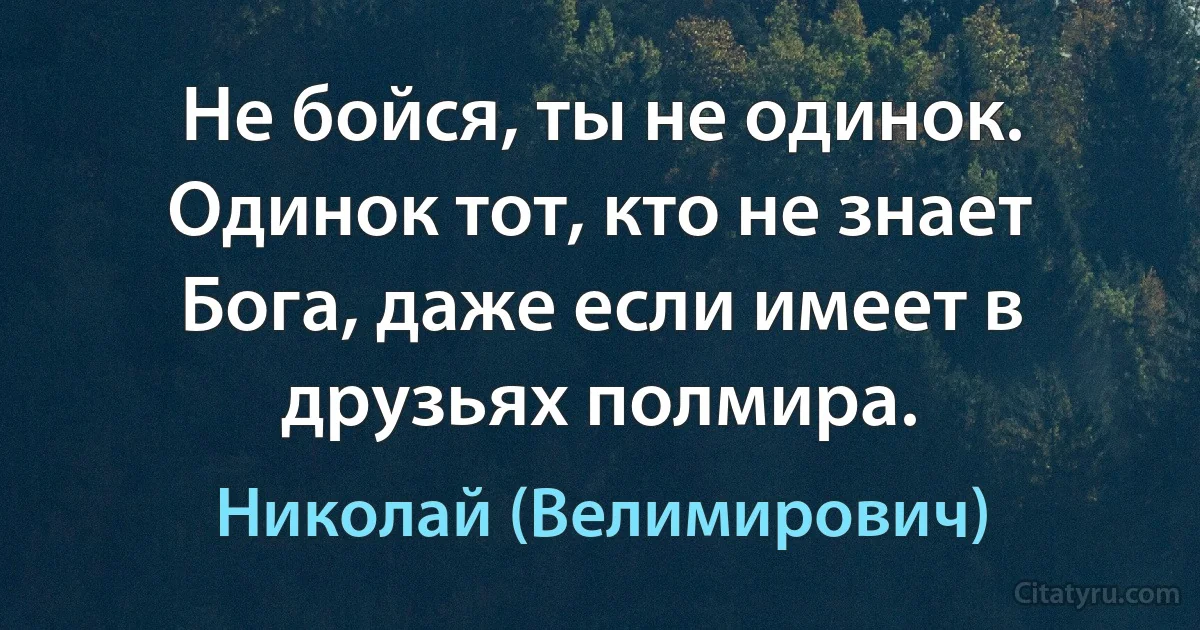 Не бойся, ты не одинок. Одинок тот, кто не знает Бога, даже если имеет в друзьях полмира. (Николай (Велимирович))