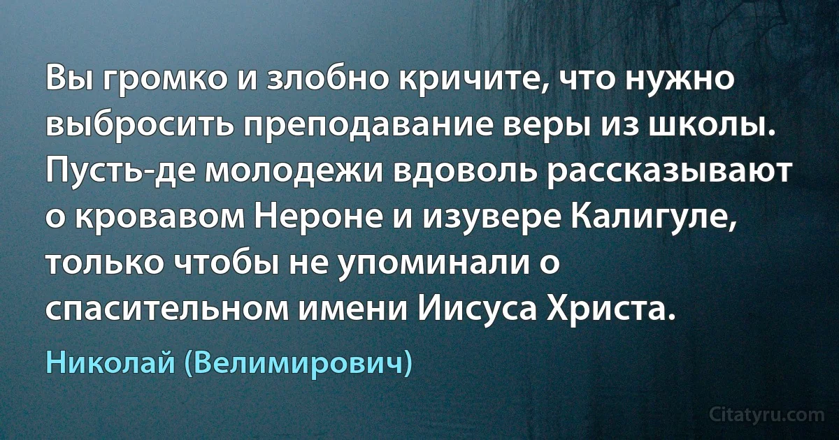 Вы громко и злобно кричите, что нужно выбросить преподавание веры из школы. Пусть-де молодежи вдоволь рассказывают о кровавом Нероне и изувере Калигуле, только чтобы не упоминали о спасительном имени Иисуса Христа. (Николай (Велимирович))