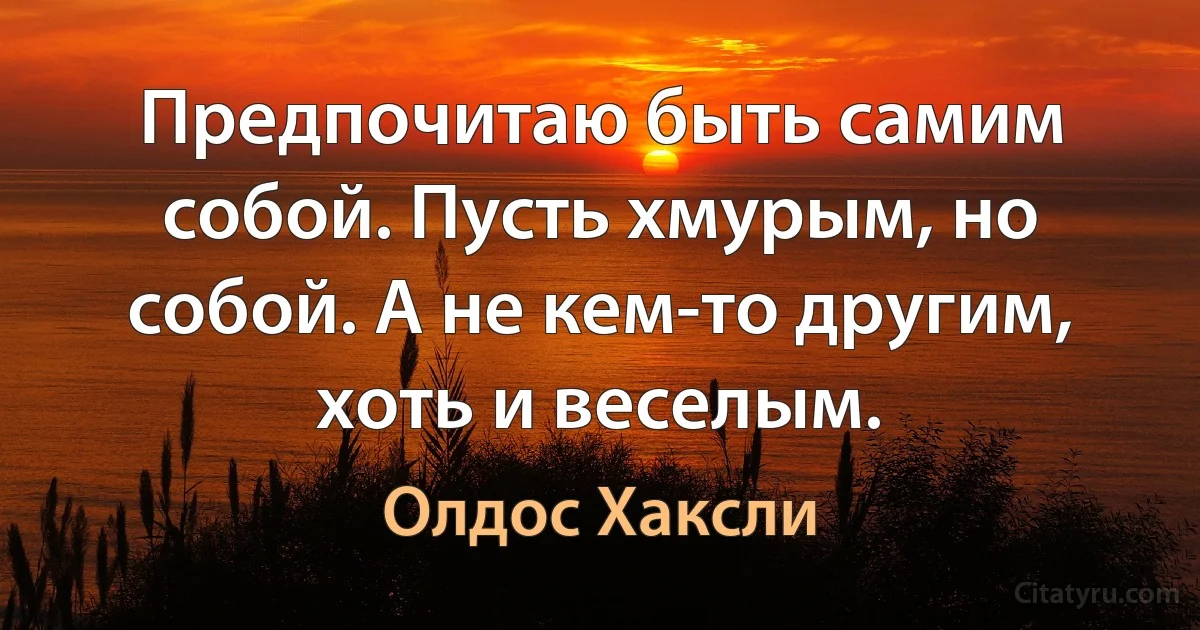 Предпочитаю быть самим собой. Пусть хмурым, но собой. А не кем-то другим, хоть и веселым. (Олдос Хаксли)