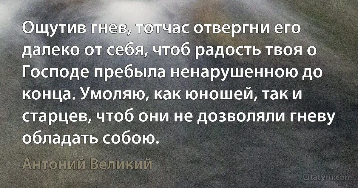 Ощутив гнев, тотчас отвергни его далеко от себя, чтоб радость твоя о Господе пребыла ненарушенною до конца. Умоляю, как юношей, так и старцев, чтоб они не дозволяли гневу обладать собою. (Антоний Великий)