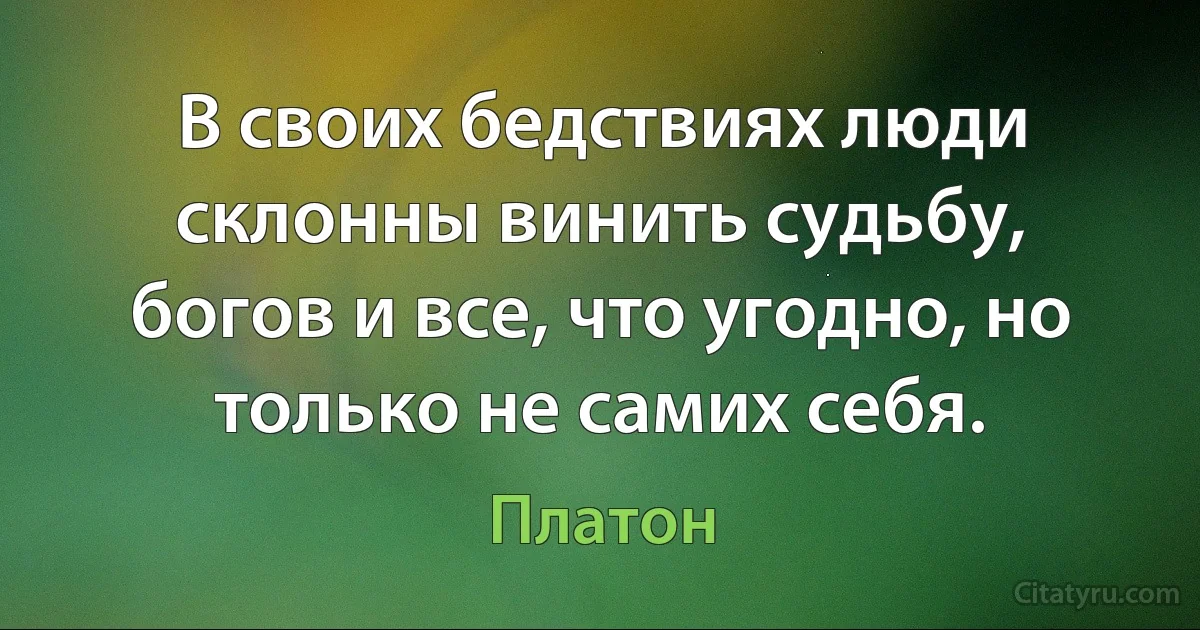 В своих бедствиях люди склонны винить судьбу, богов и все, что угодно, но только не самих себя. (Платон)