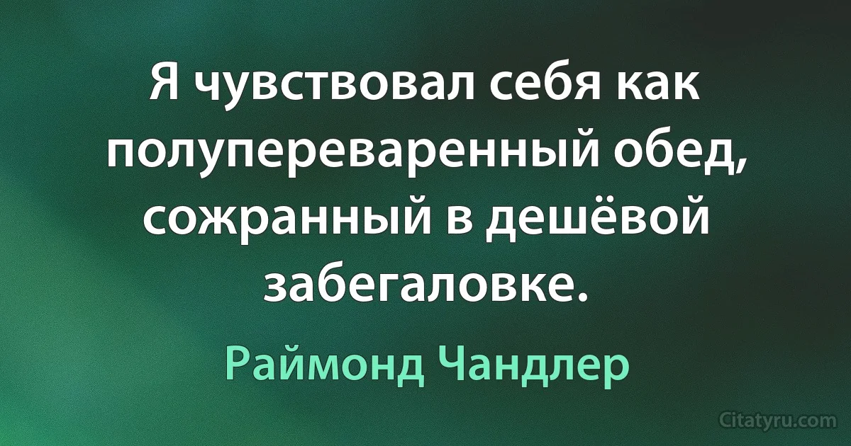 Я чувствовал себя как полупереваренный обед, сожранный в дешёвой забегаловке. (Раймонд Чандлер)