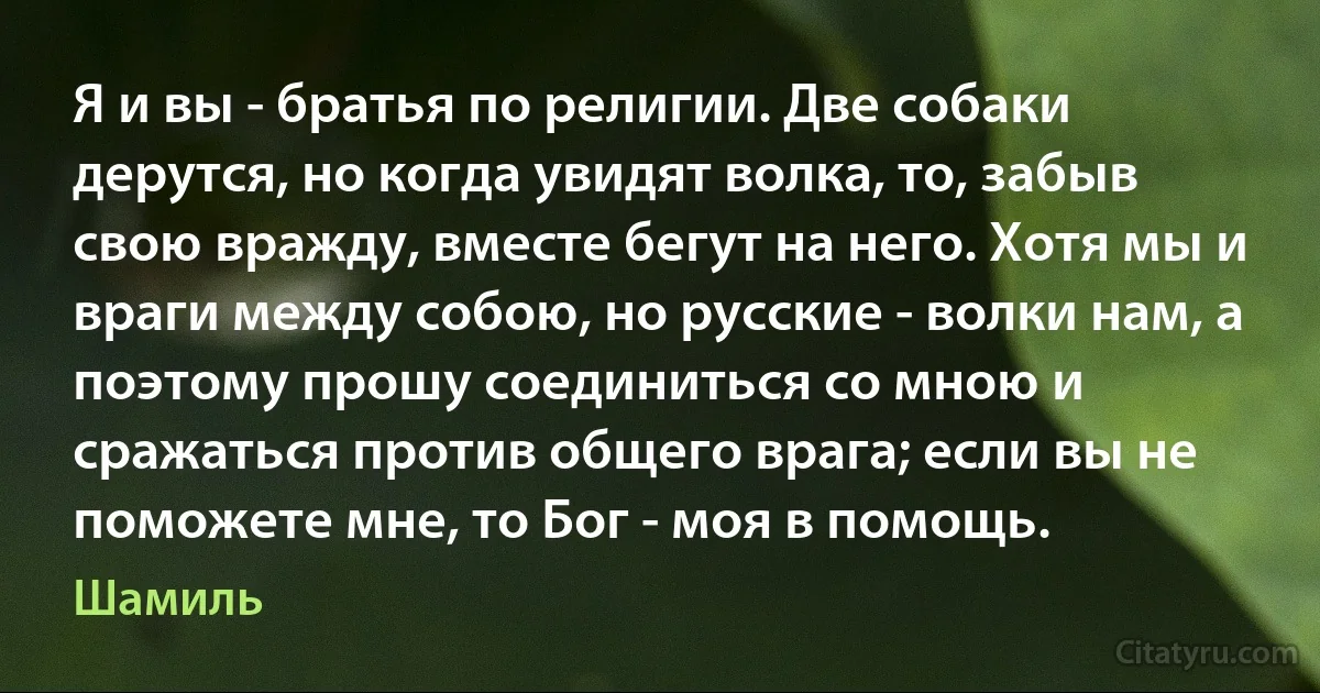 Я и вы - братья по религии. Две собаки дерутся, но когда увидят волка, то, забыв свою вражду, вместе бегут на него. Хотя мы и враги между собою, но русские - волки нам, а поэтому прошу соединиться со мною и сражаться против общего врага; если вы не поможете мне, то Бог - моя в помощь. (Шамиль)