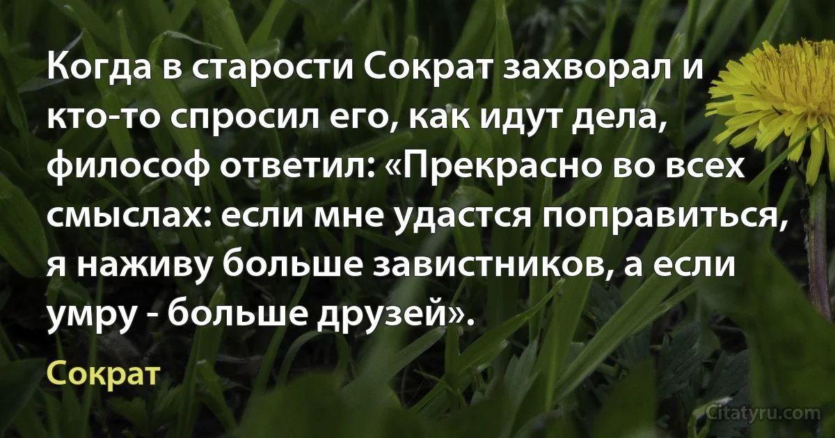 Когда в старости Сократ захворал и кто-то спросил его, как идут дела, философ ответил: «Прекрасно во всех смыслах: если мне удастся поправиться, я наживу больше завистников, а если умру - больше друзей». (Сократ)