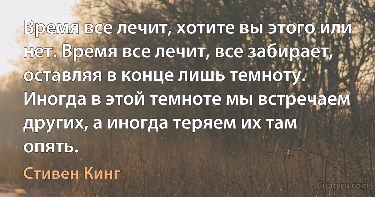 Время все лечит, хотите вы этого или нет. Время все лечит, все забирает, оставляя в конце лишь темноту. Иногда в этой темноте мы встречаем других, а иногда теряем их там опять. (Стивен Кинг)