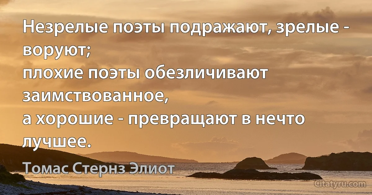 Незрелые поэты подражают, зрелые - воруют;
плохие поэты обезличивают заимствованное,
а хорошие - превращают в нечто лучшее. (Томас Стернз Элиот)