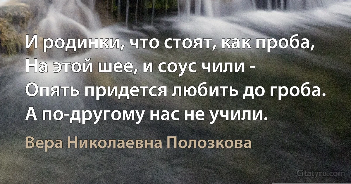 И родинки, что стоят, как проба,
На этой шее, и соус чили -
Опять придется любить до гроба.
А по-другому нас не учили. (Вера Николаевна Полозкова)