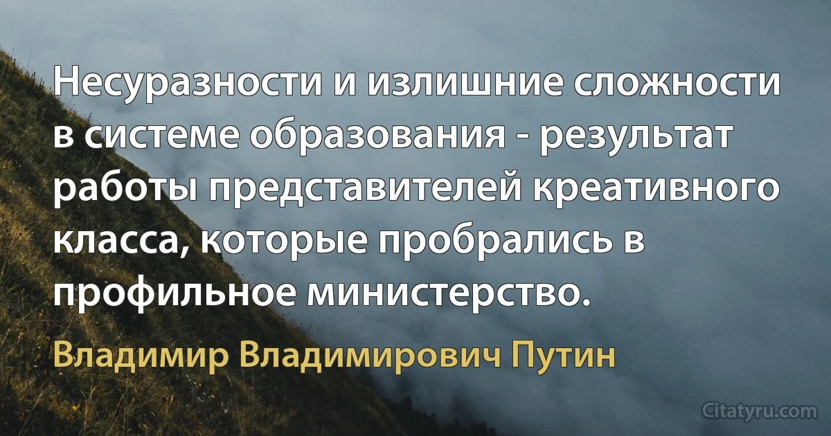 Несуразности и излишние сложности в системе образования - результат работы представителей креативного класса, которые пробрались в профильное министерство. (Владимир Владимирович Путин)