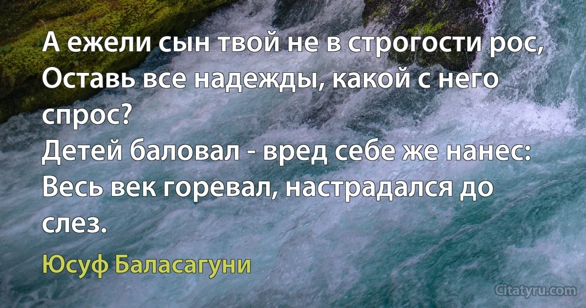 А ежели сын твой не в строгости рос,
Оставь все надежды, какой с него спрос?
Детей баловал - вред себе же нанес:
Весь век горевал, настрадался до слез. (Юсуф Баласагуни)