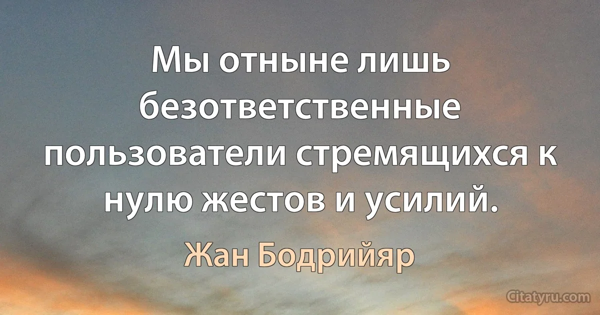 Мы отныне лишь безответственные пользователи стремящихся к нулю жестов и усилий. (Жан Бодрийяр)