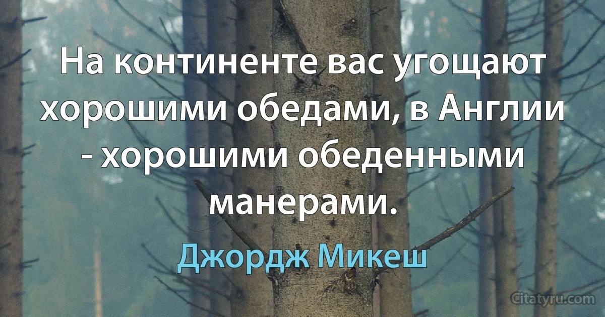 На континенте вас угощают хорошими обедами, в Англии - хорошими обеденными манерами. (Джордж Микеш)