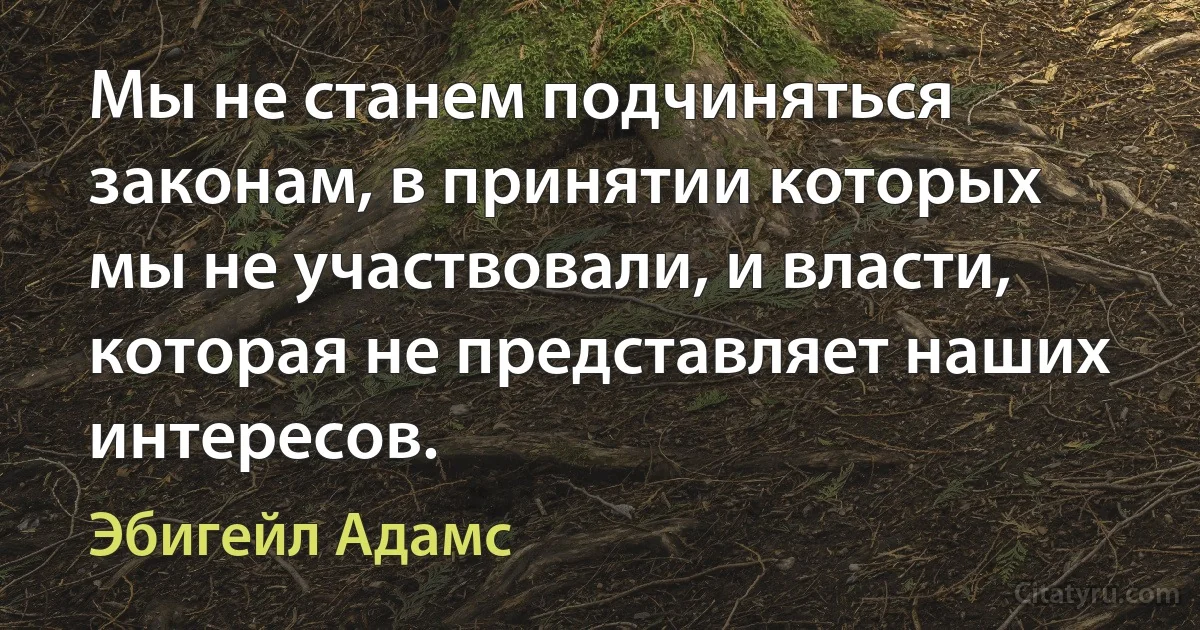 Мы не станем подчиняться законам, в принятии которых мы не участвовали, и власти, которая не представляет наших интересов. (Эбигейл Адамс)