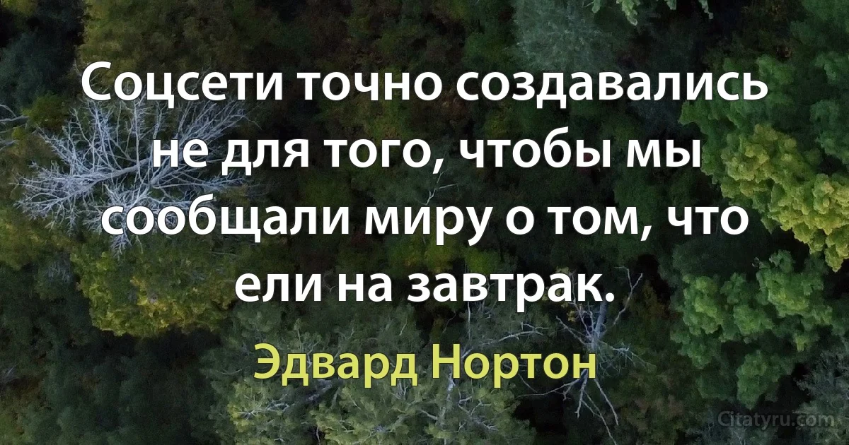 Соцсети точно создавались не для того, чтобы мы сообщали миру о том, что ели на завтрак. (Эдвард Нортон)