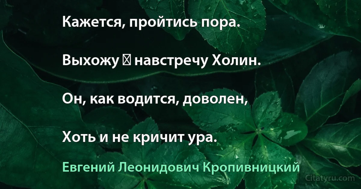 Кажется, пройтись пора.

Выхожу ― навстречу Холин.

Он, как водится, доволен,

Хоть и не кричит ура. (Евгений Леонидович Кропивницкий)