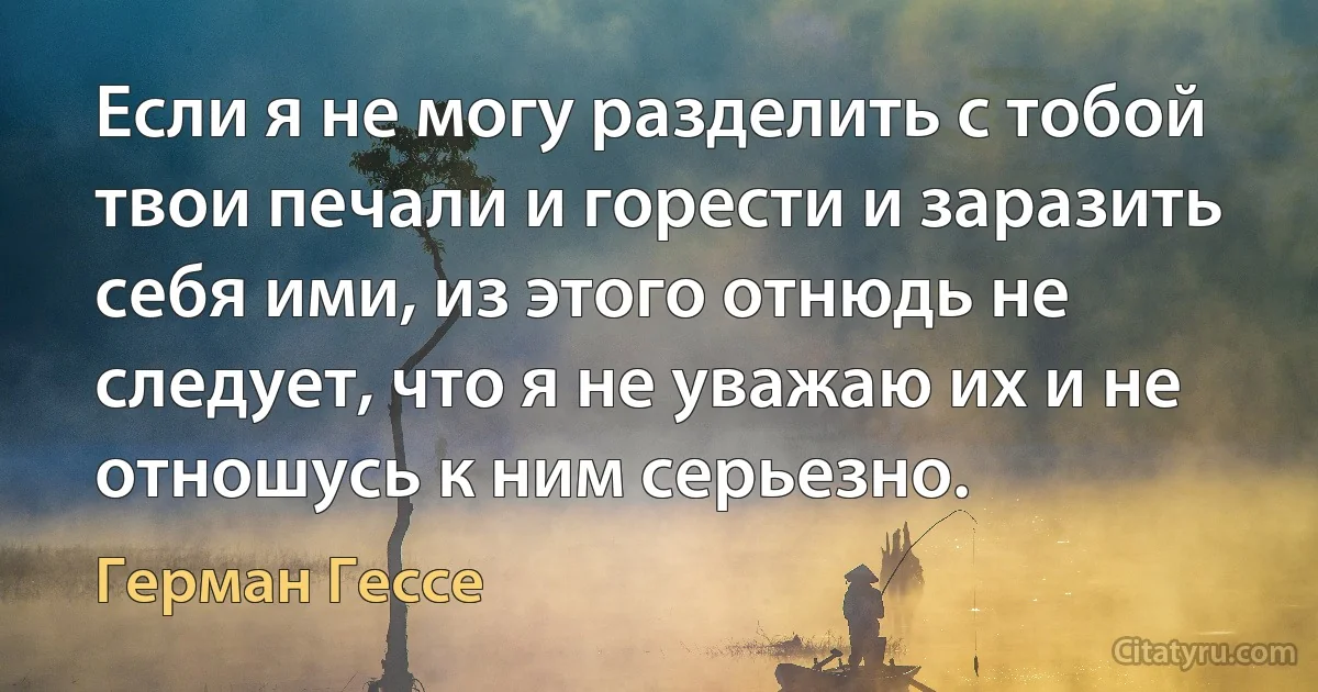 Если я не могу разделить с тобой твои печали и горести и заразить себя ими, из этого отнюдь не следует, что я не уважаю их и не отношусь к ним серьезно. (Герман Гессе)