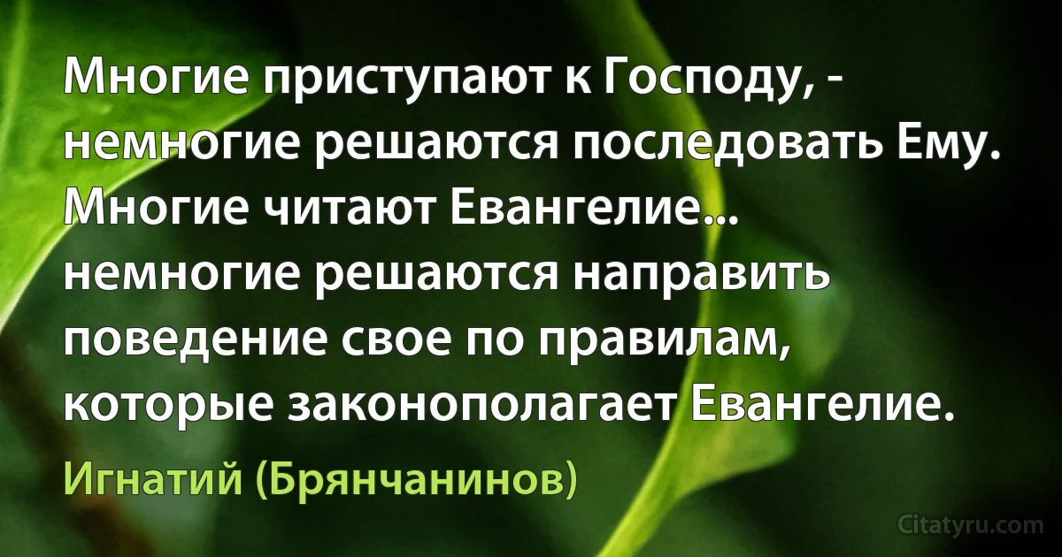 Многие приступают к Господу, - немногие решаются последовать Ему. Многие читают Евангелие... немногие решаются направить поведение свое по правилам, которые законополагает Евангелие. (Игнатий (Брянчанинов))