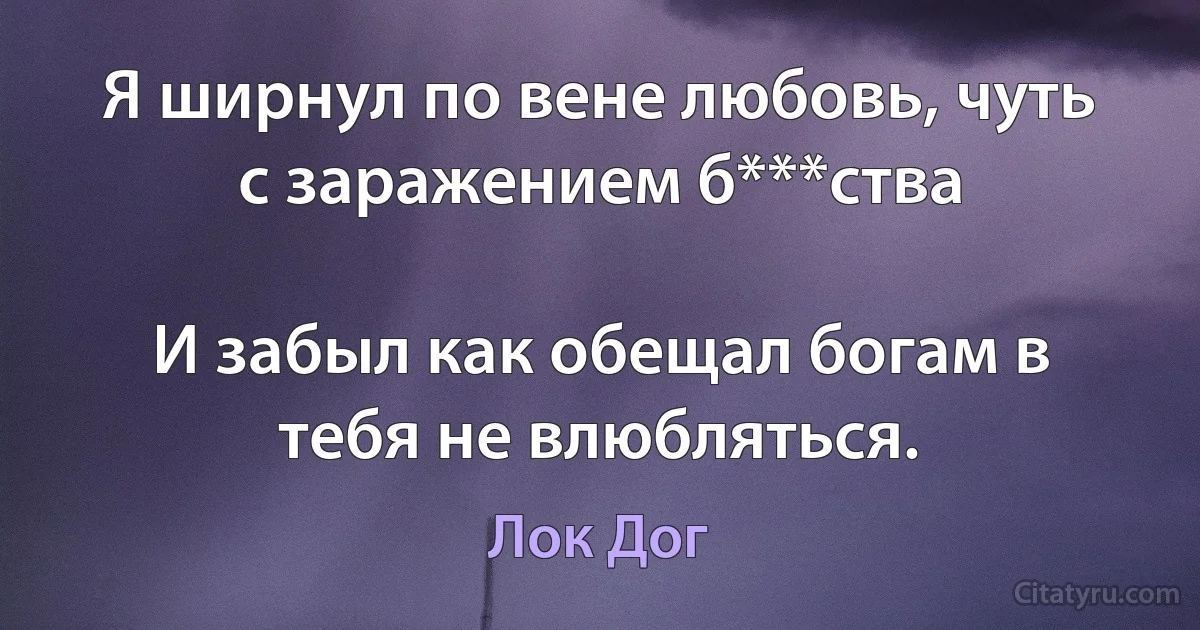 Я ширнул по вене любовь, чуть с заражением б***ства

И забыл как обещал богам в тебя не влюбляться. (Лок Дог)