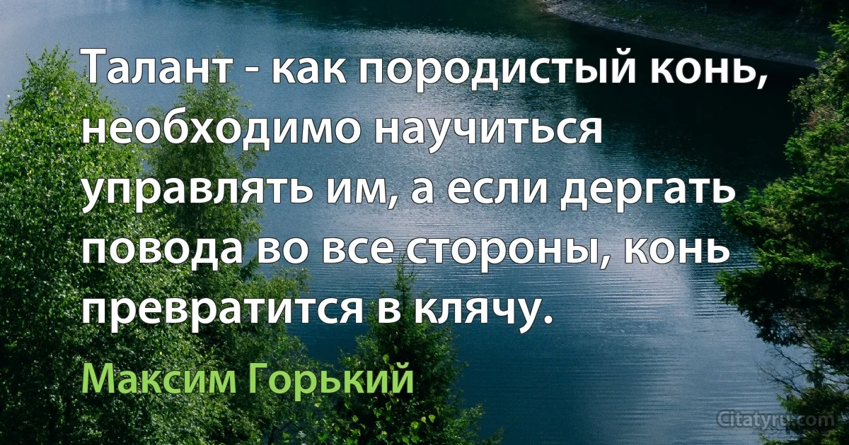 Талант - как породистый конь, необходимо научиться управлять им, а если дергать повода во все стороны, конь превратится в клячу. (Максим Горький)