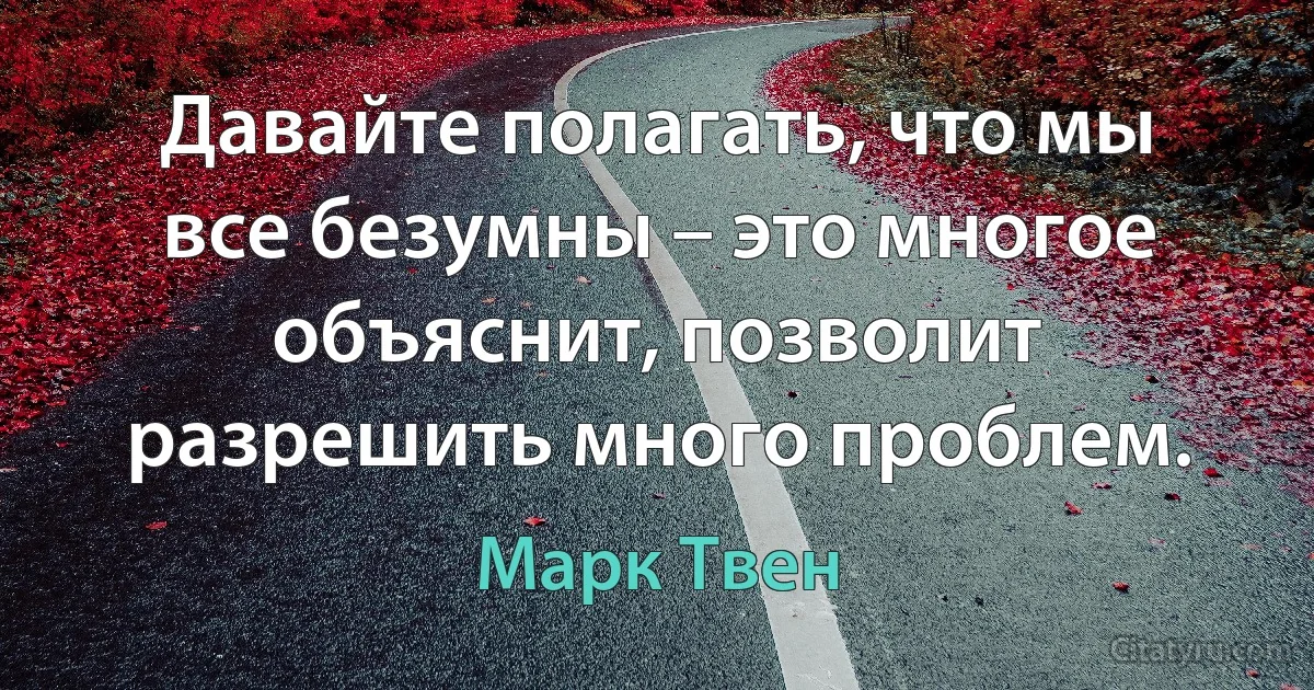 Давайте полагать, что мы все безумны – это многое объяснит, позволит разрешить много проблем. (Марк Твен)