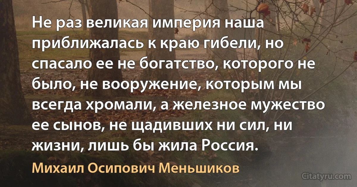 Не раз великая империя наша приближалась к краю гибели, но спасало ее не богатство, которого не было, не вооружение, которым мы всегда хромали, а железное мужество ее сынов, не щадивших ни сил, ни жизни, лишь бы жила Россия. (Михаил Осипович Меньшиков)