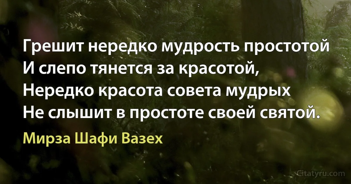 Грешит нередко мудрость простотой
И слепо тянется за красотой,
Нередко красота совета мудрых
Не слышит в простоте своей святой. (Мирза Шафи Вазех)