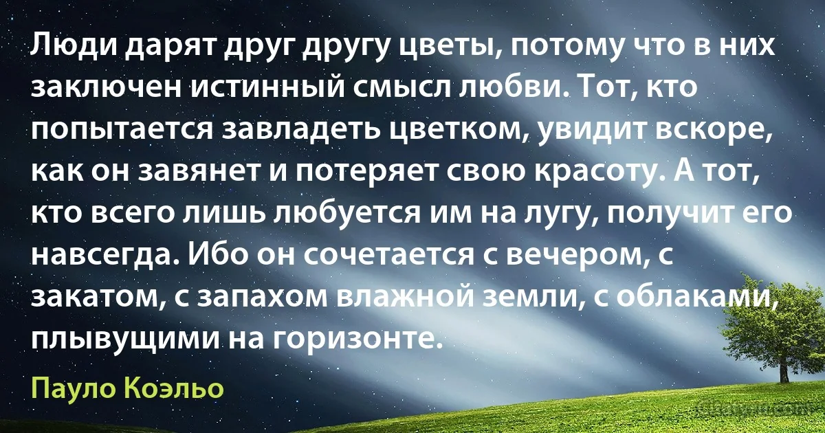 Люди дарят друг другу цветы, потому что в них заключен истинный смысл любви. Тот, кто попытается завладеть цветком, увидит вскоре, как он завянет и потеряет свою красоту. А тот, кто всего лишь любуется им на лугу, получит его навсегда. Ибо он сочетается с вечером, с закатом, с запахом влажной земли, с облаками, плывущими на горизонте. (Пауло Коэльо)