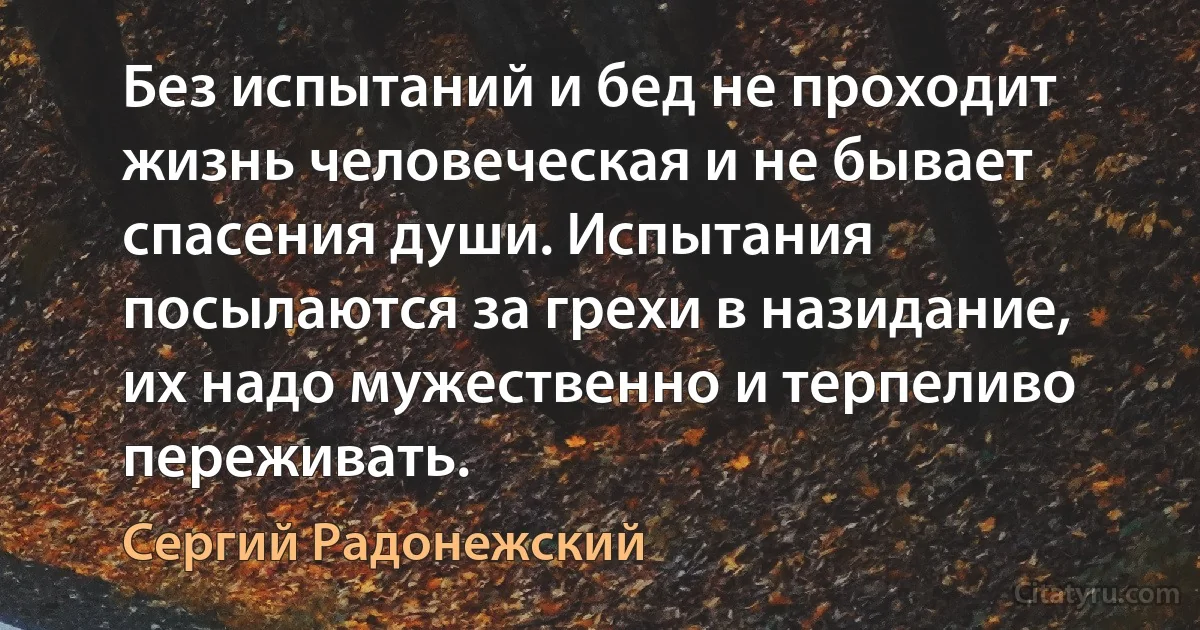 Без испытаний и бед не проходит жизнь человеческая и не бывает спасения души. Испытания посылаются за грехи в назидание, их надо мужественно и терпеливо переживать. (Сергий Радонежский)