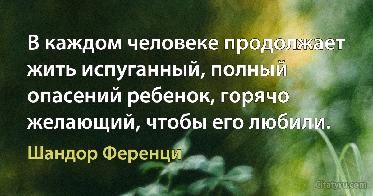 В каждом человеке продолжает жить испуганный, полный опасений ребенок, горячо желающий, чтобы его любили. (Шандор Ференци)