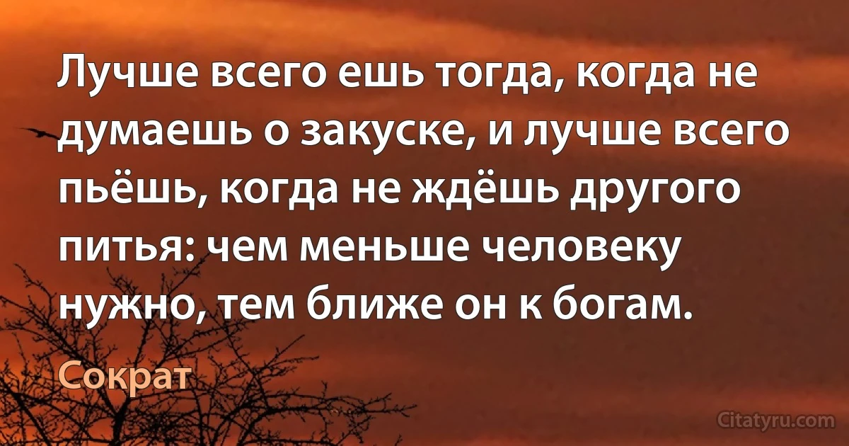 Лучше всего ешь тогда, когда не думаешь о закуске, и лучше всего пьёшь, когда не ждёшь другого питья: чем меньше человеку нужно, тем ближе он к богам. (Сократ)