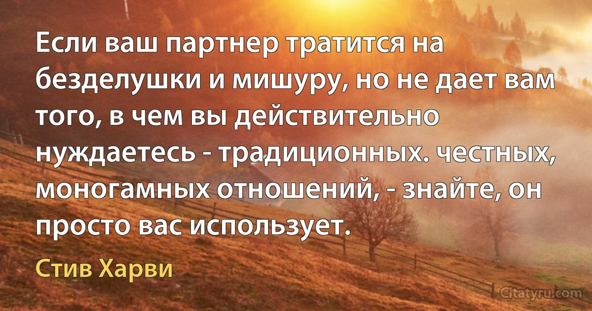 Если ваш партнер тратится на безделушки и мишуру, но не дает вам того, в чем вы действительно нуждаетесь - традиционных. честных, моногамных отношений, - знайте, он просто вас использует. (Стив Харви)