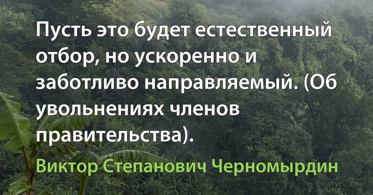 Пусть это будет естественный отбор, но ускоренно и заботливо направляемый. (Об увольнениях членов правительства). (Виктор Степанович Черномырдин)