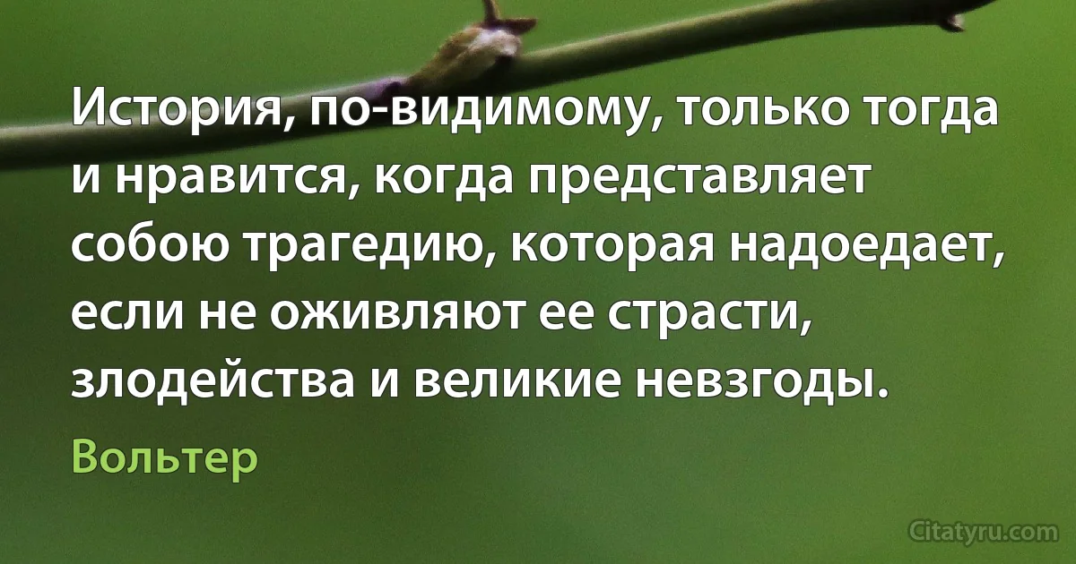 История, по-видимому, только тогда и нравится, когда представляет собою трагедию, которая надоедает, если не оживляют ее страсти, злодейства и великие невзгоды. (Вольтер)